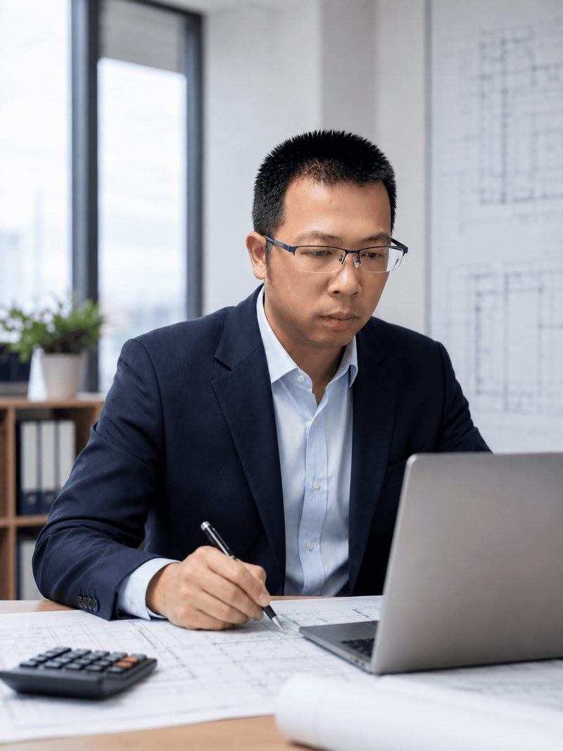 李工在办公室核对工程图纸与预算